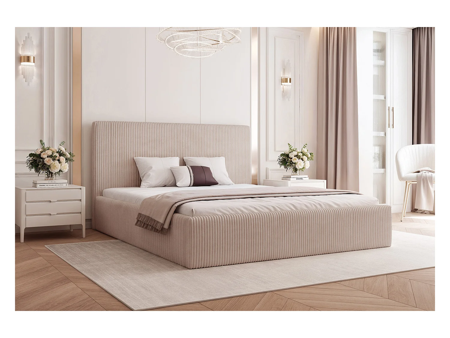 BESILIO Łóżko do sypialni 180x200 Vienna - Łóżko z pojemnikiem, łóżko slim, stelaż listwowy - Tkanina sztuks - Beżowy