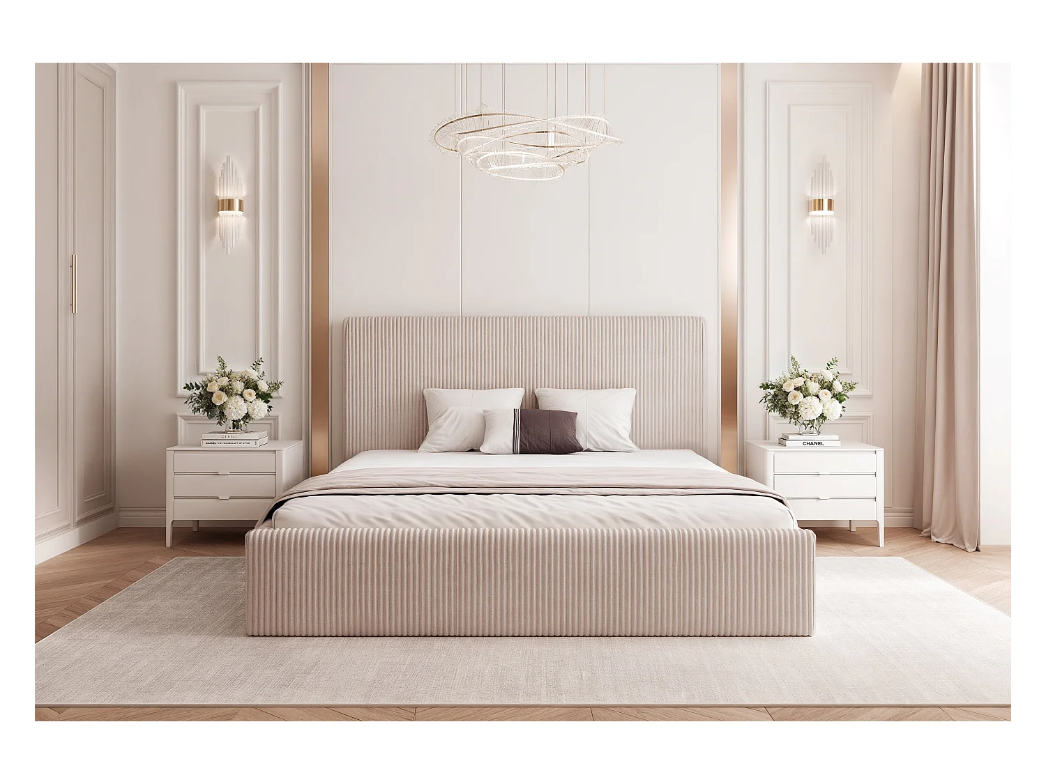 BESILIO Łóżko do sypialni 180x200 Vienna - Łóżko z pojemnikiem, łóżko slim, stelaż listwowy - Tkanina sztuks - Beżowy