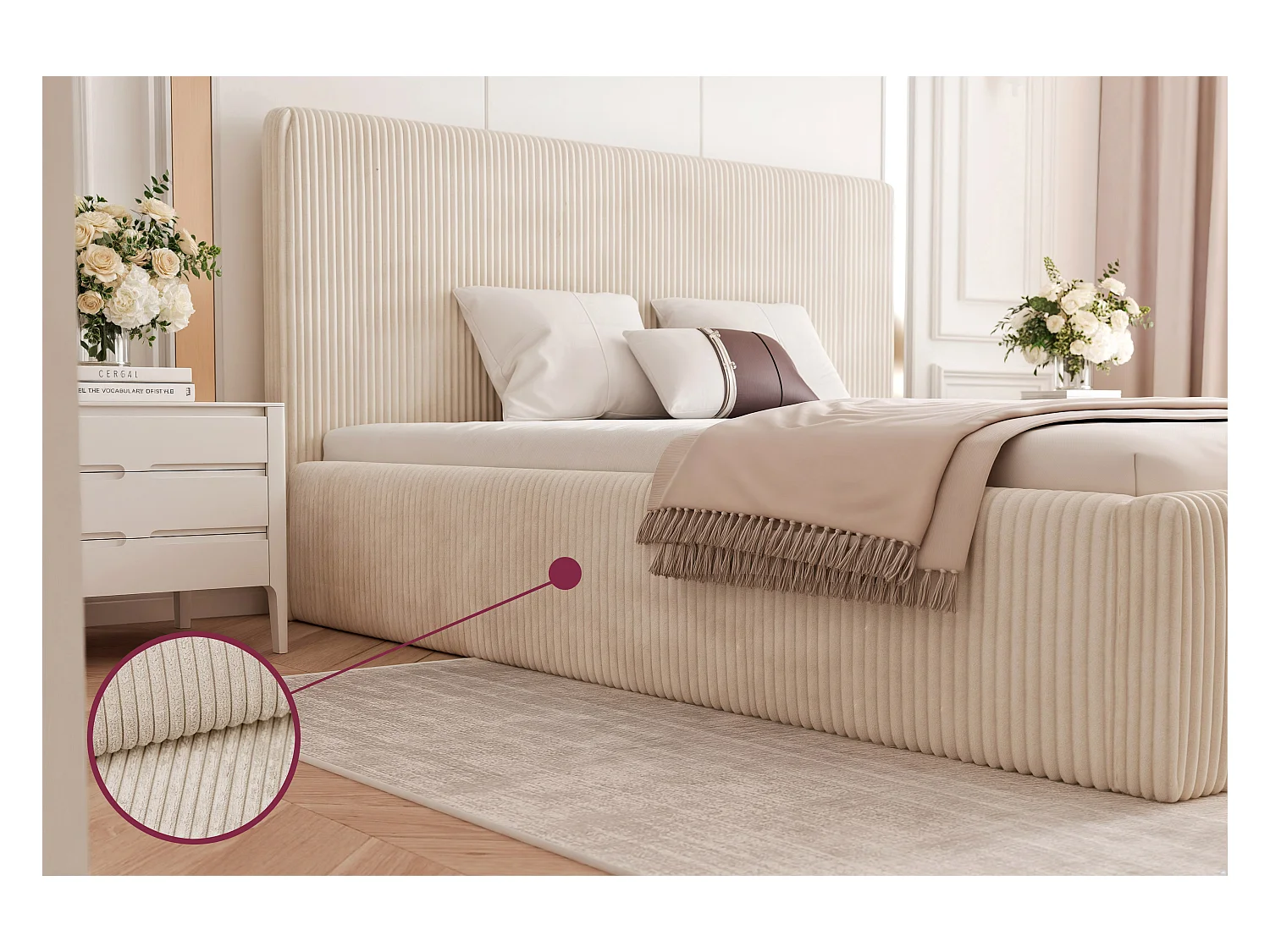 BESILIO Łóżko do sypialni 140x200 Vienna - Łóżko z pojemnikiem, łóżko slim, stelaż listwowy - Tkanina sztuks - Beżowy