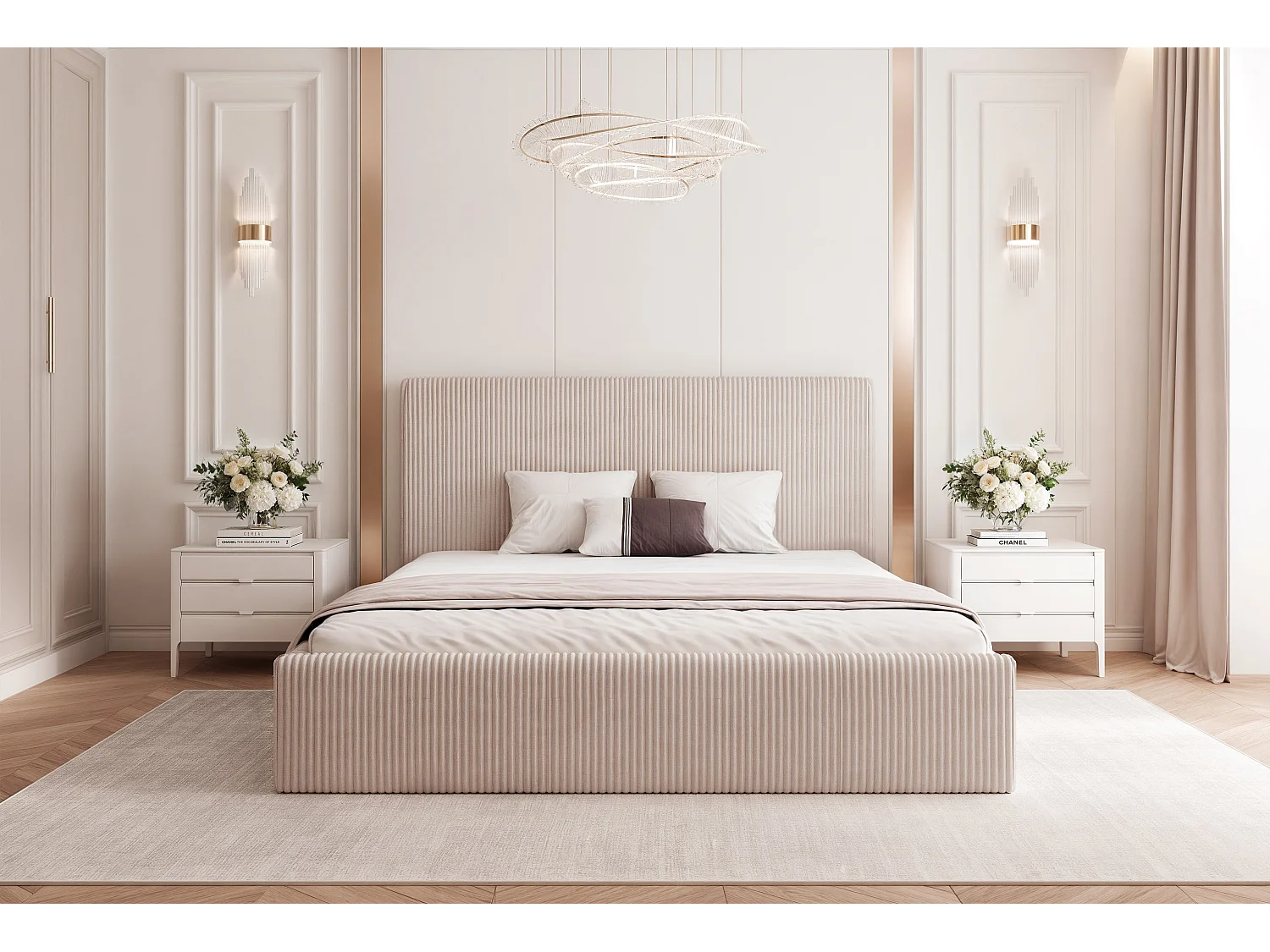 BESILIO Lit 200x200 Vienna – lit avec coffre de rangement, lit fin, sommier à lattes – tissu velours – Beige