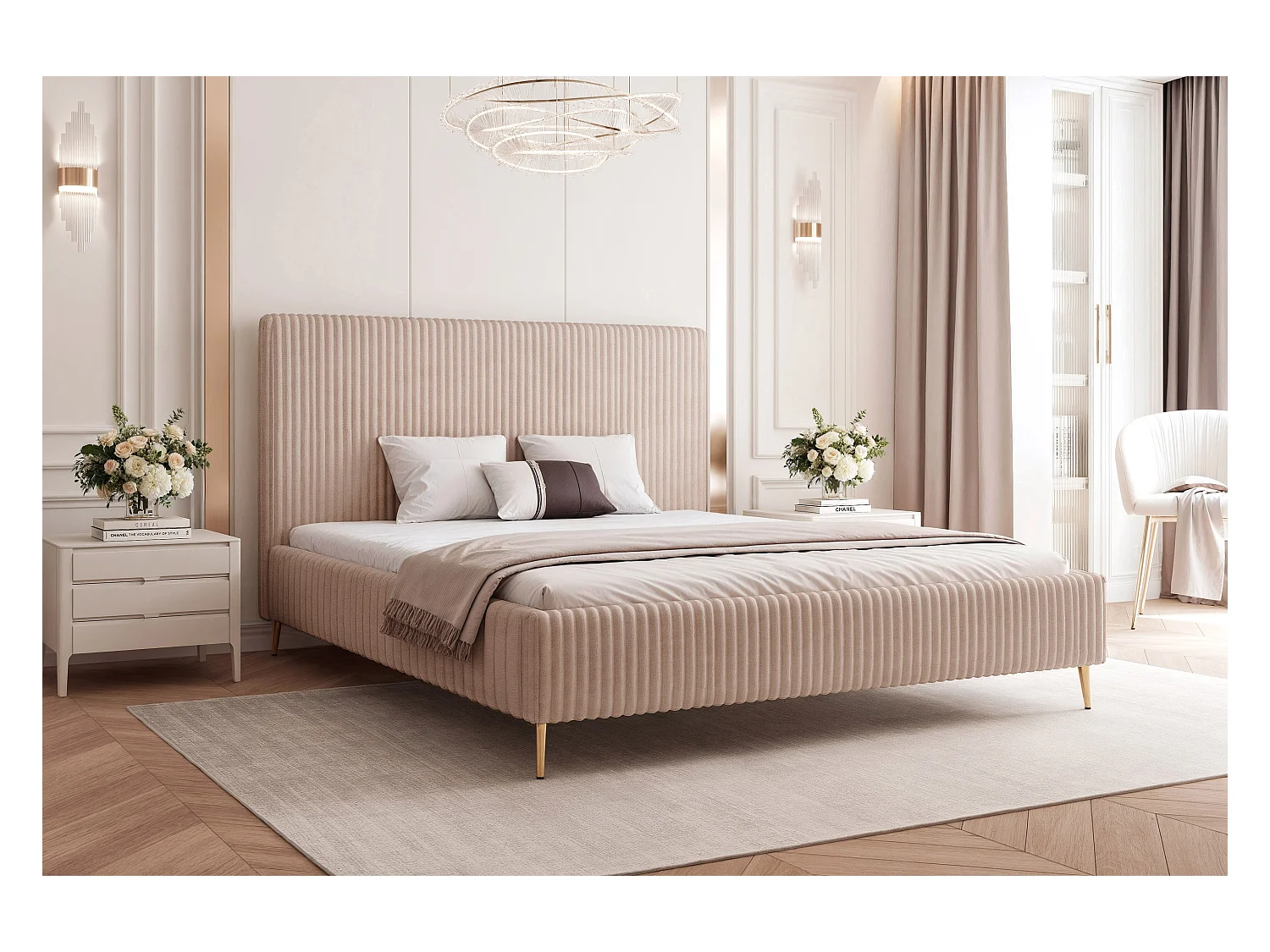 BESILIO Łóżko do sypialni 180x200 Vienna II - Łóżko z pojemnikiem, łóżko slim, wysokie złote nogi, stelaż listwowy - Tkanina miękki sztuks - Beżowy