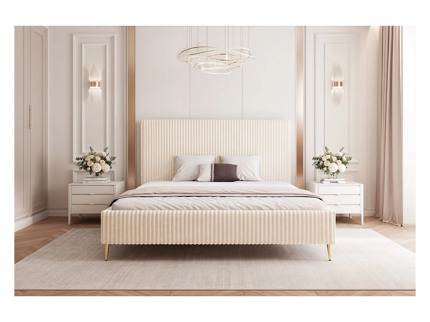 BESILIO Łóżko do sypialni 160x200 Vienna II - Łóżko z pojemnikiem, łóżko slim, wysokie złote nogi, stelaż listwowy - Tkanina miękki sztuks - Kremowy