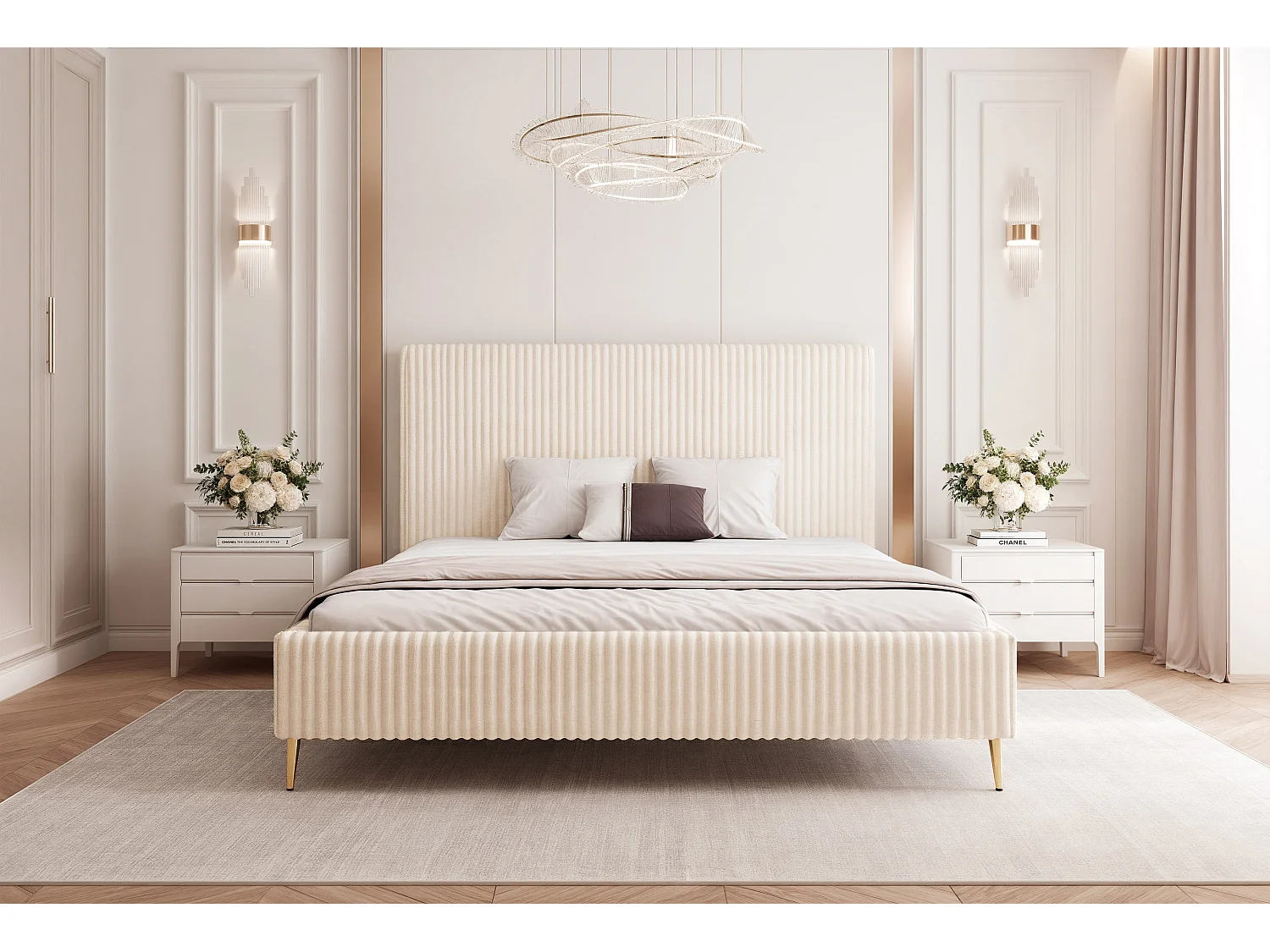 BESILIO Lit 160x200 Vienna II – lit avec coffre de rangement, lit fin, pieds hauts dorés, sommier à lattes – tissu velours doux – Crème