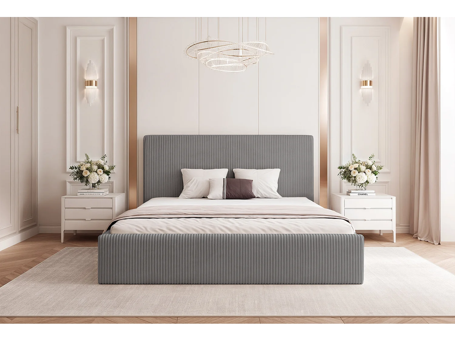 BESILIO Lit 120x200 Vienna – lit avec coffre de rangement, lit fin, sommier à lattes – tissu velours – Gris