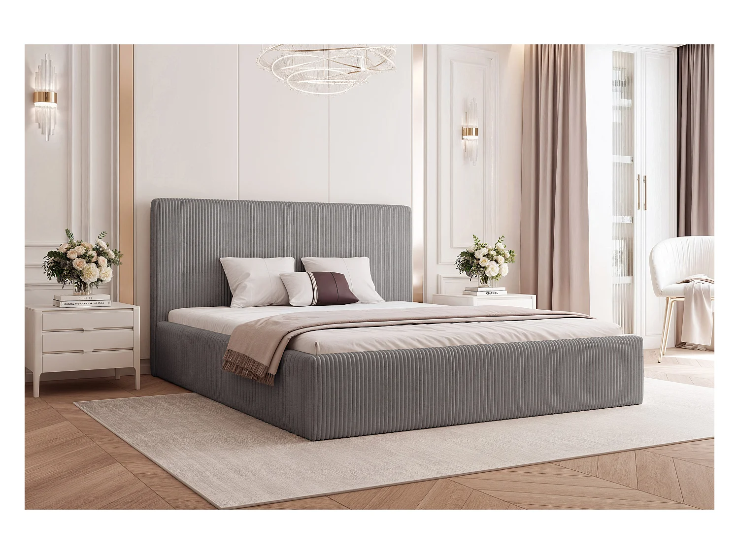 BESILIO Łóżko do sypialni 200x200 Vienna - Łóżko z pojemnikiem, łóżko slim, stelaż listwowy - Tkanina sztuks - Szary