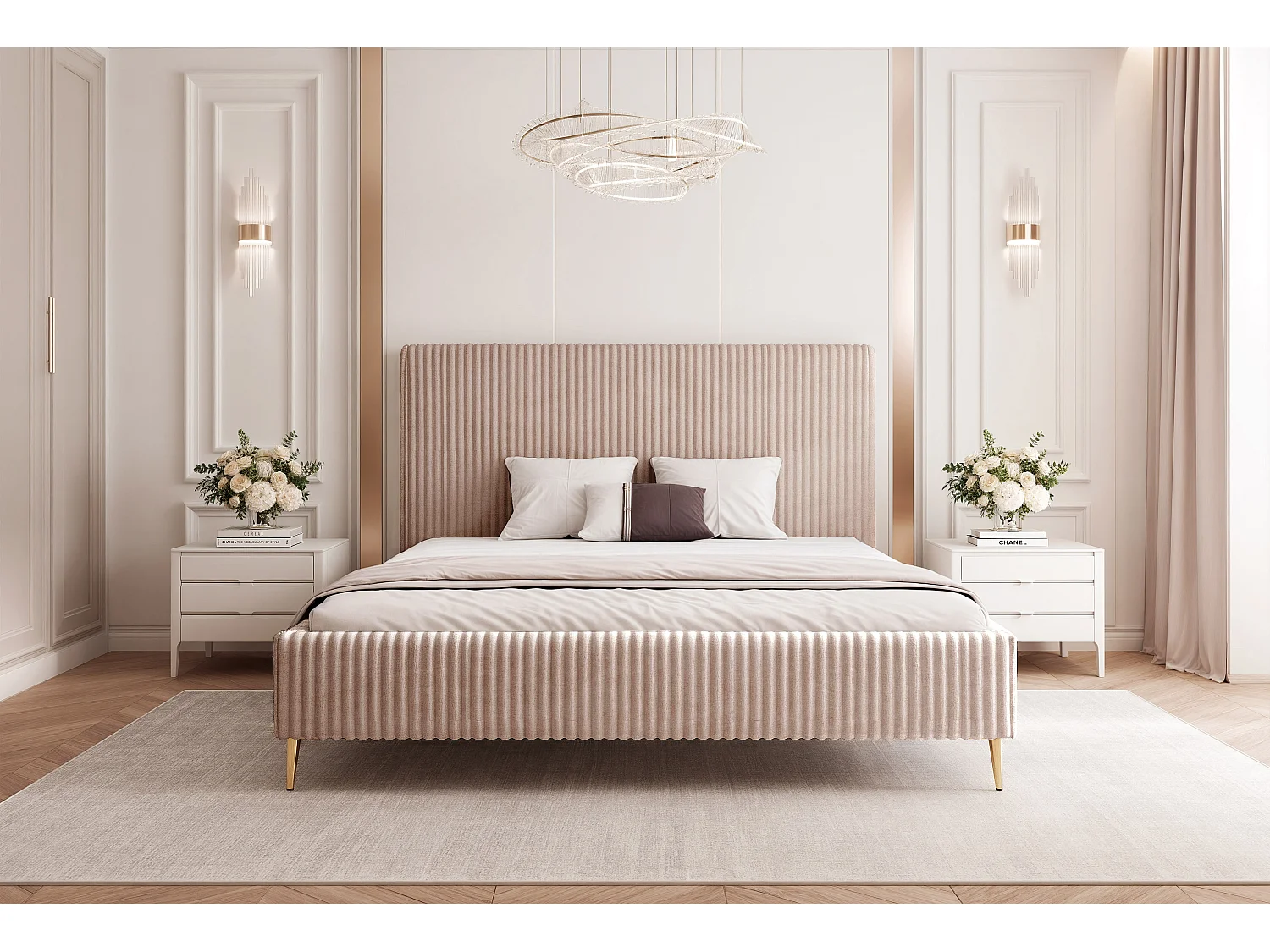 BESILIO Lit 120x200 Vienna II – lit avec coffre de rangement, lit fin, pieds hauts dorés, sommier à lattes – tissu velours doux – Beige