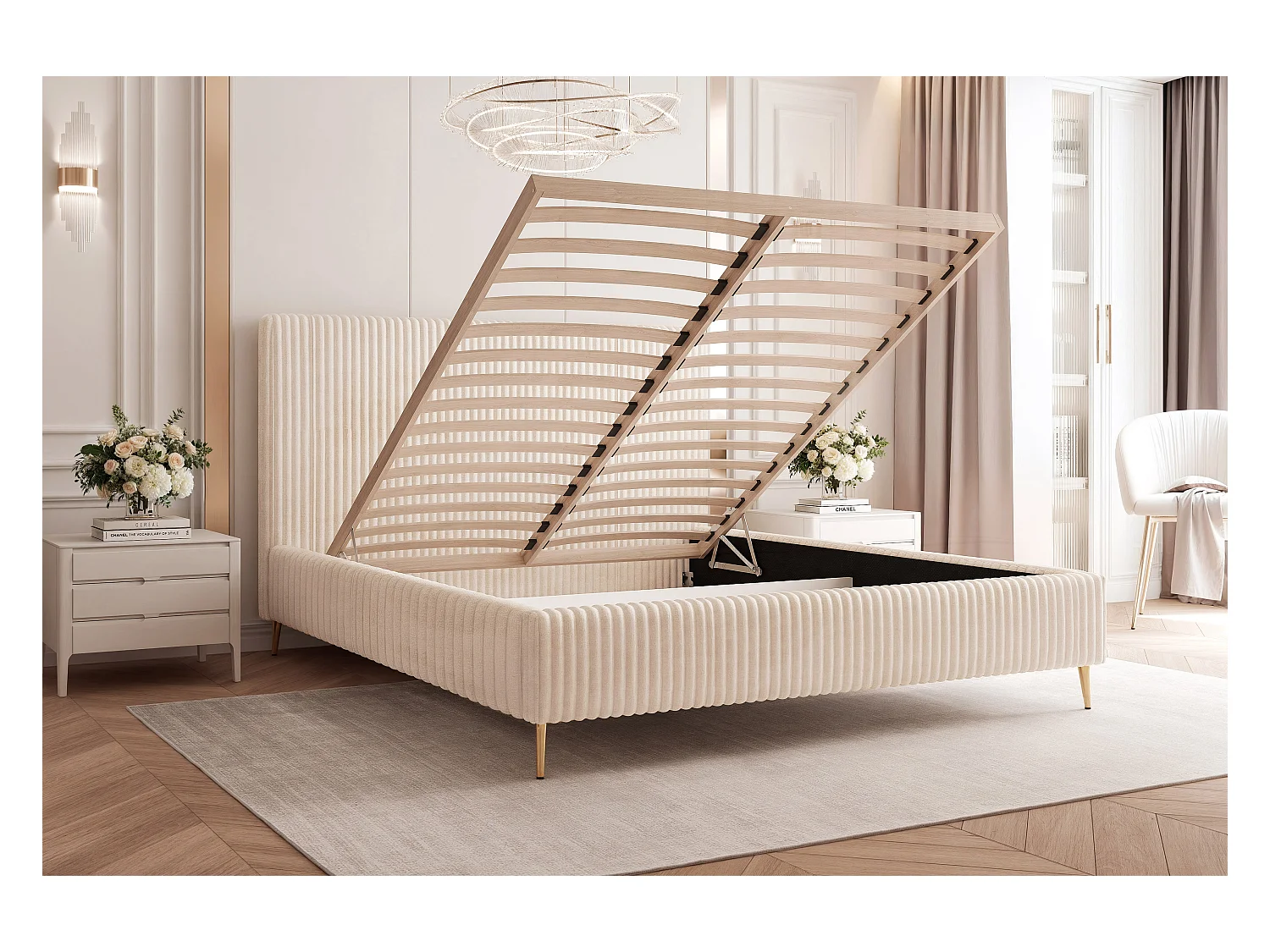 BESILIO Łóżko do sypialni 140x200 Vienna II - Łóżko z pojemnikiem, łóżko slim, wysokie złote nogi, stelaż listwowy - Tkanina miękki sztuks - Jasnoszary