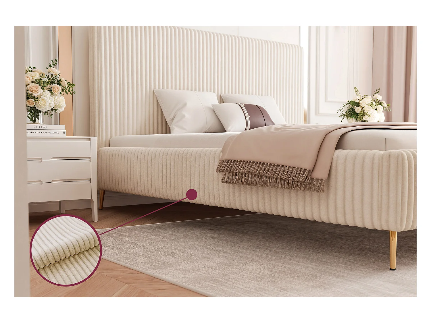 BESILIO Łóżko do sypialni 140x200 Vienna II - Łóżko z pojemnikiem, łóżko slim, wysokie złote nogi, stelaż listwowy - Tkanina miękki sztuks - Jasnoszary