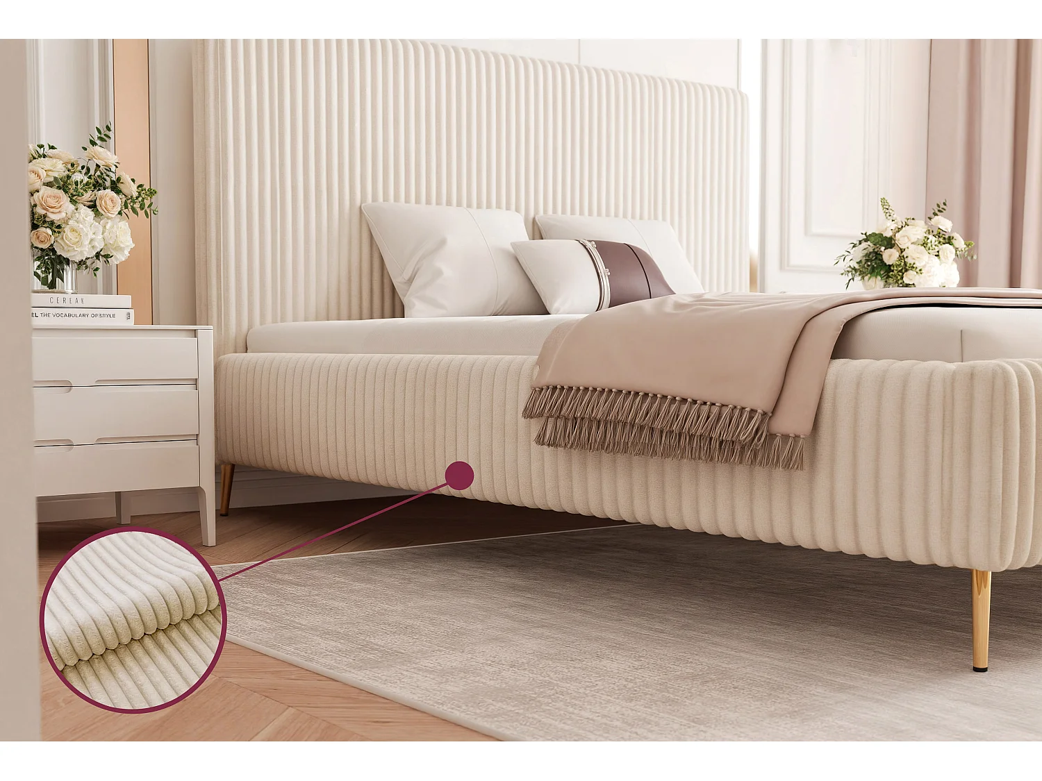 BESILIO Lit 140x200 Vienna II – lit avec coffre de rangement, lit fin, pieds hauts dorés, sommier à lattes – tissu velours doux – Gris clair