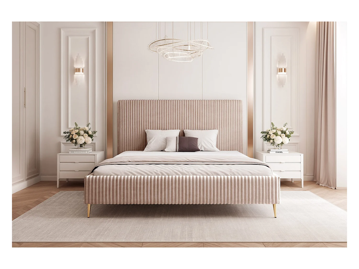 BESILIO Łóżko do sypialni 200x200 Vienna II - Łóżko z pojemnikiem, łóżko slim, wysokie złote nogi, stelaż listwowy - Tkanina miękki sztuks - Beżowy