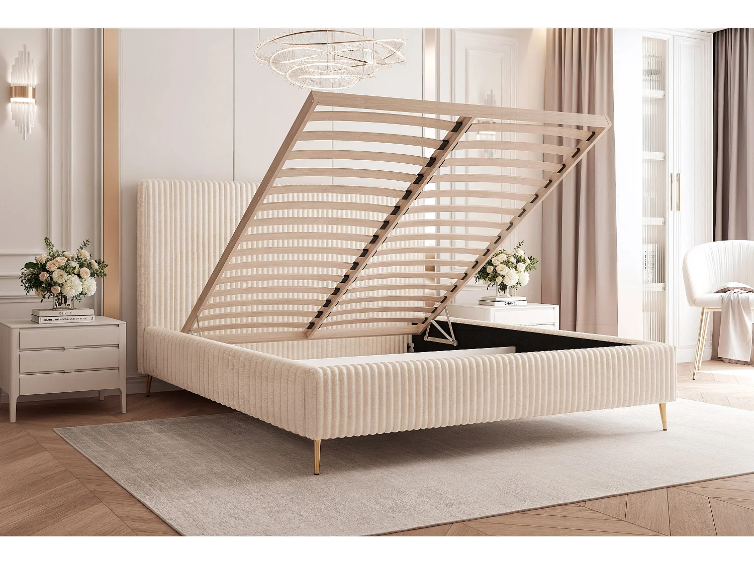 BESILIO Lit 200x200 Vienna II – lit avec coffre de rangement, lit fin, pieds hauts dorés, sommier à lattes – tissu velours doux – Beige