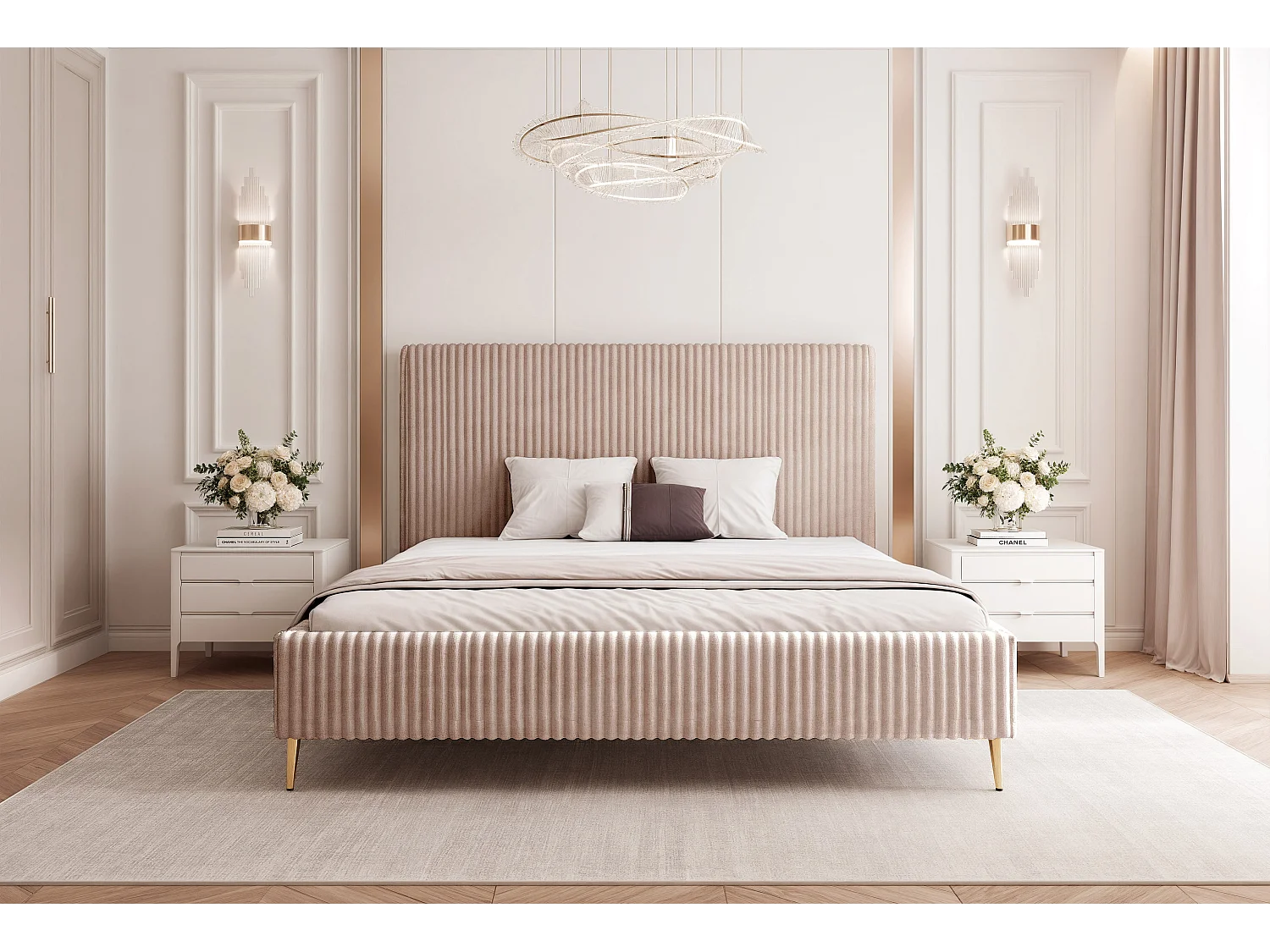 BESILIO Lit 140x200 Vienna II – lit avec coffre de rangement, lit fin, pieds hauts dorés, sommier à lattes – tissu velours doux – Beige