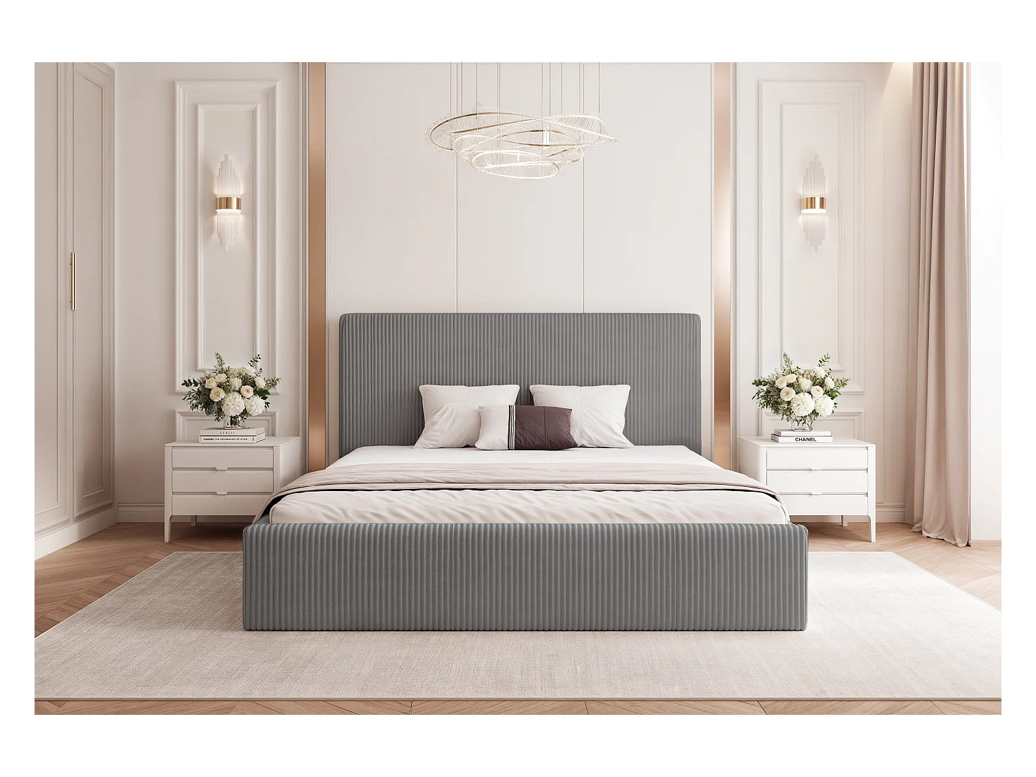 BESILIO Łóżko do sypialni 140x200 Vienna - Łóżko z pojemnikiem, łóżko slim, stelaż listwowy - Tkanina sztuks - Szary