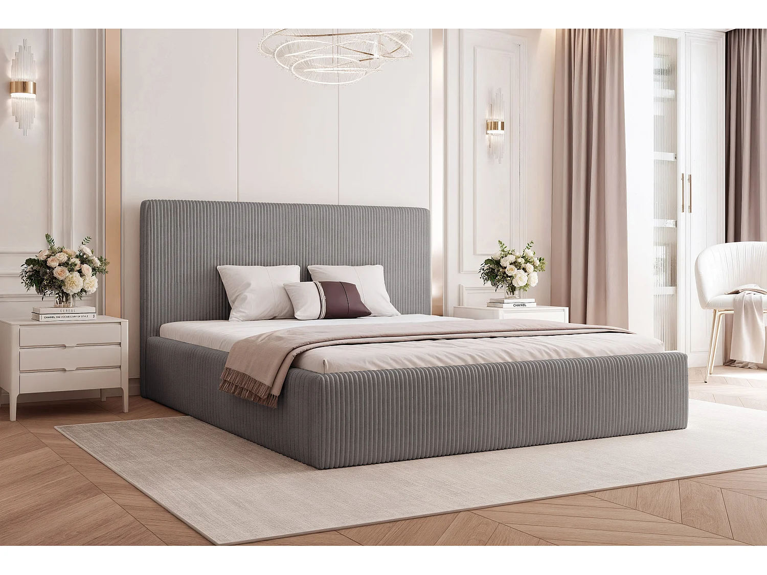 BESILIO Łóżko do sypialni 180x200 Vienna - Łóżko z pojemnikiem, łóżko slim, stelaż listwowy - Tkanina sztuks - Szary