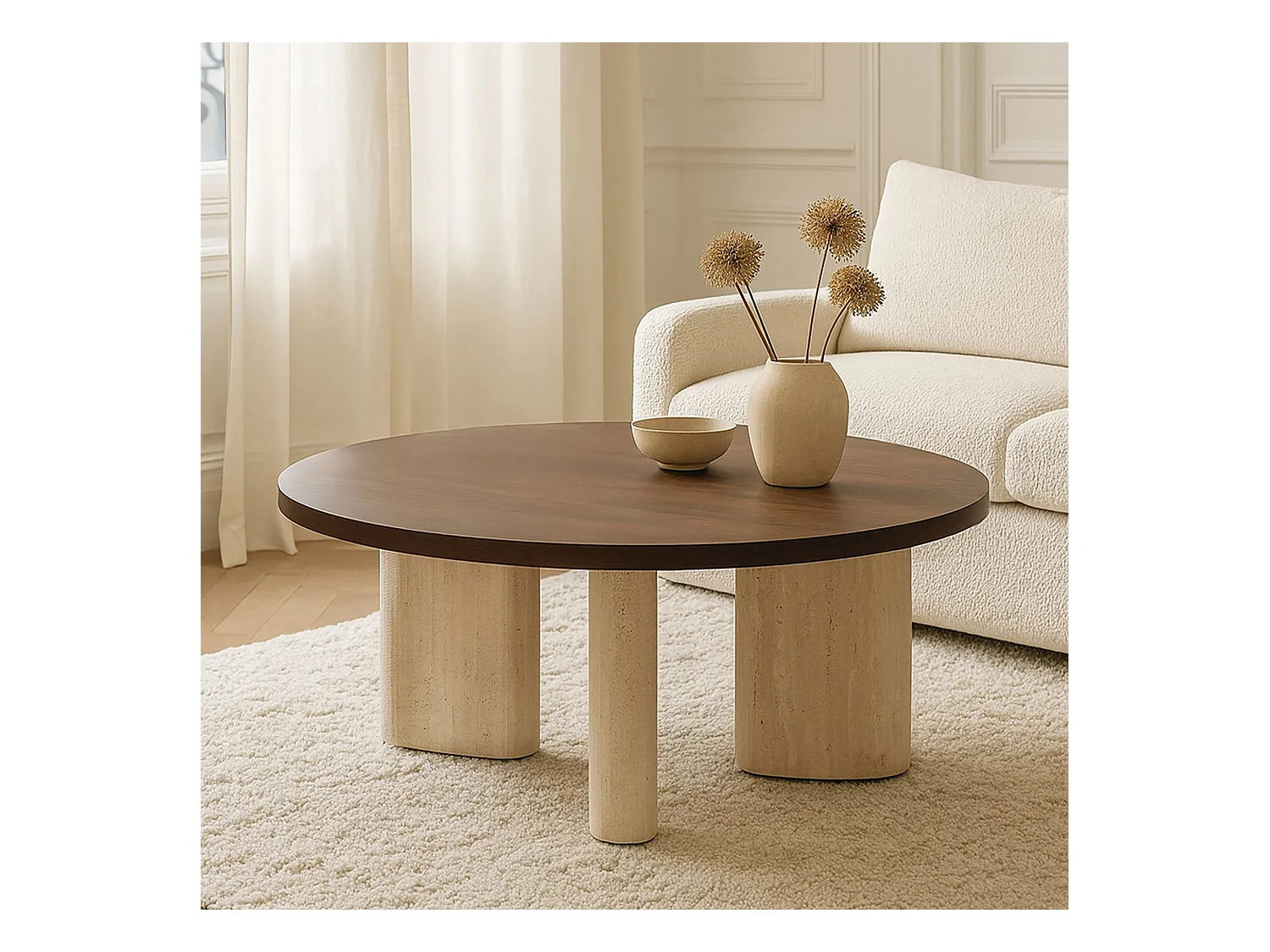 Now's Home - Table Basse Ronde Effet Travertin Et Noyer 80x80xht 36cm Amber