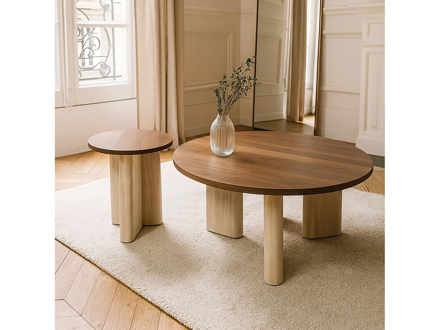 Now's Home - Table Basse Ronde Effet Travertin Et Noyer 80x80xht 36cm Amber