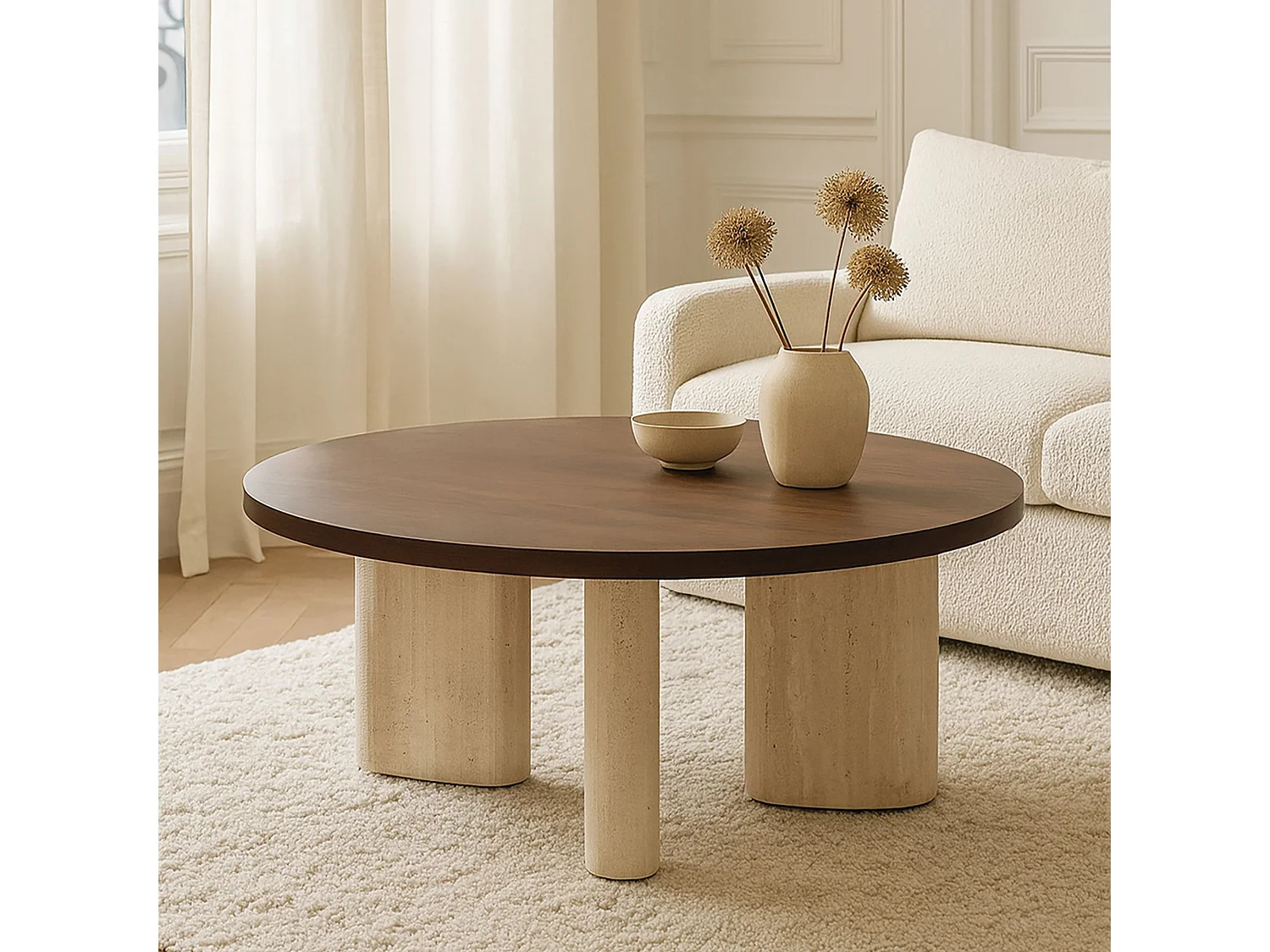 Now's Home - Table Basse Ronde Effet Travertin Et Noyer 80x80xht 36cm Amber
