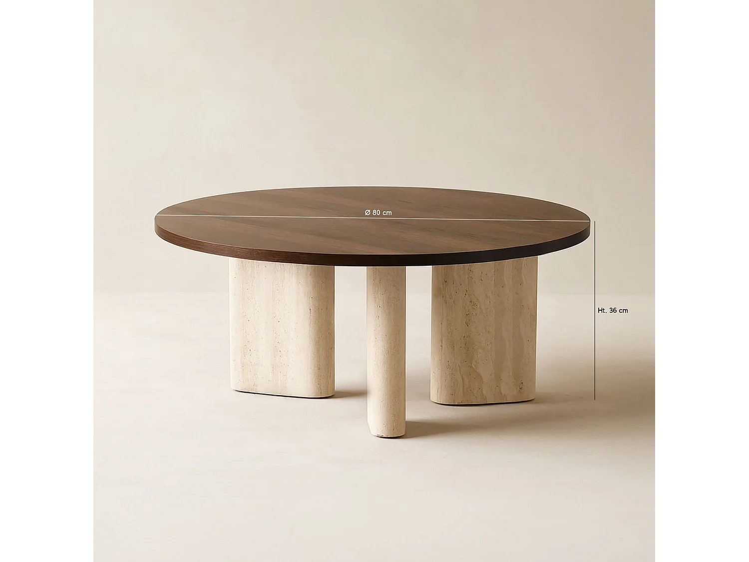 Now's Home - Table Basse Ronde Effet Travertin Et Noyer 80x80xht 36cm Amber