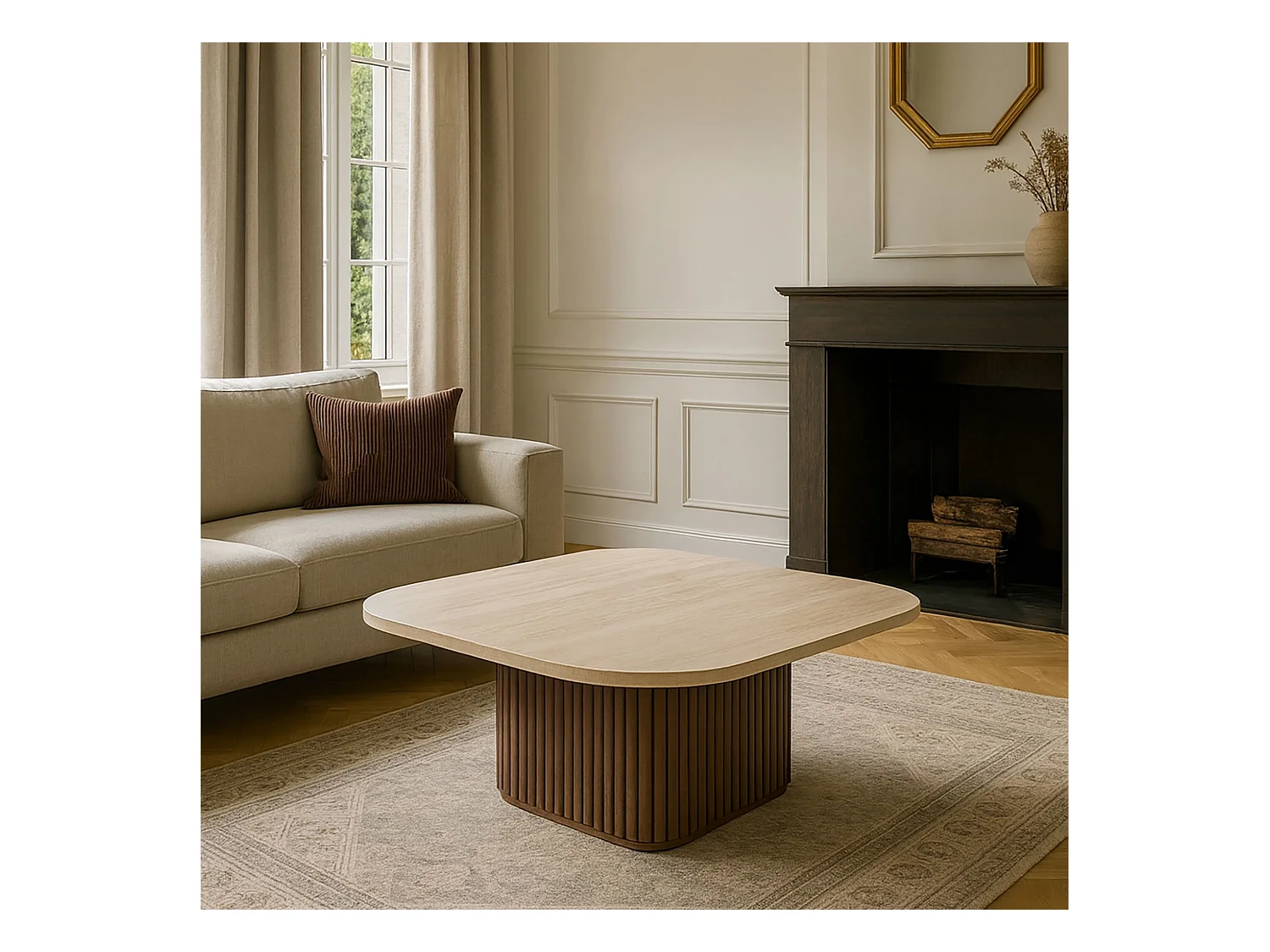 Now's Home - Table Basse Carre Effet Travertin Naturel/noyer 80x80x36cm Esther