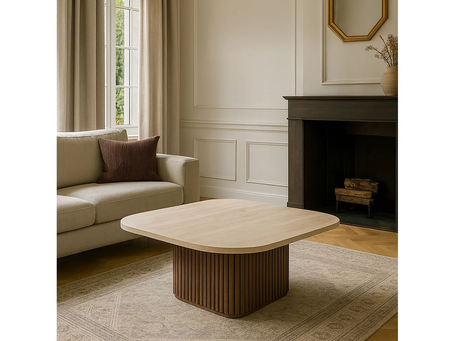 Now's Home - Table Basse Carré Effet Travertin Naturel/noyer 80x80x36cm Esther