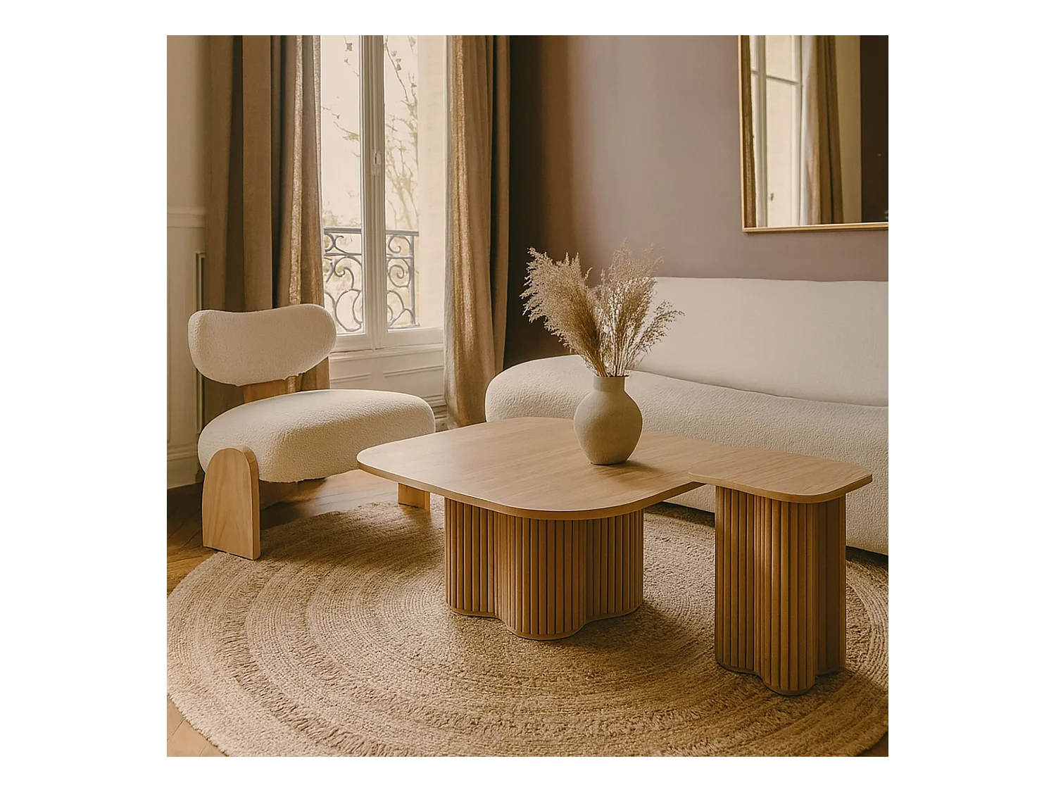 Now's Home - Table Basse Effet Bois Naturel Pied Organique D80x40cm  Alba