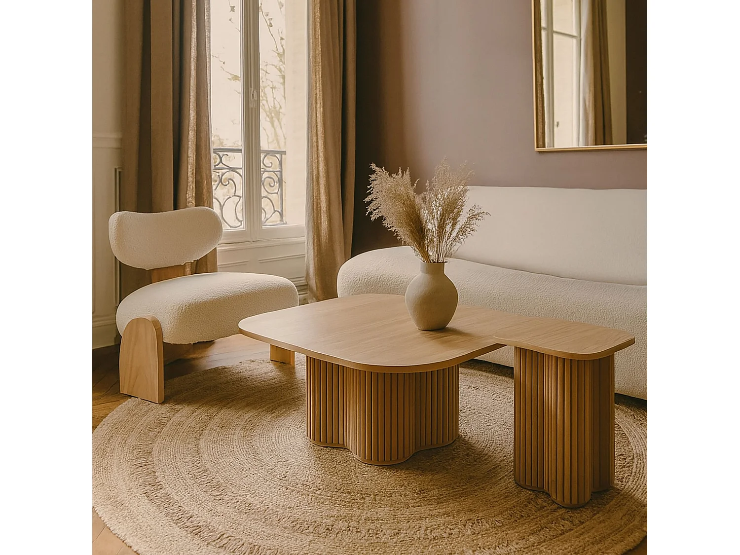Now's Home - Table Basse Effet Bois Naturel Pied Organique D80x40cm  Alba