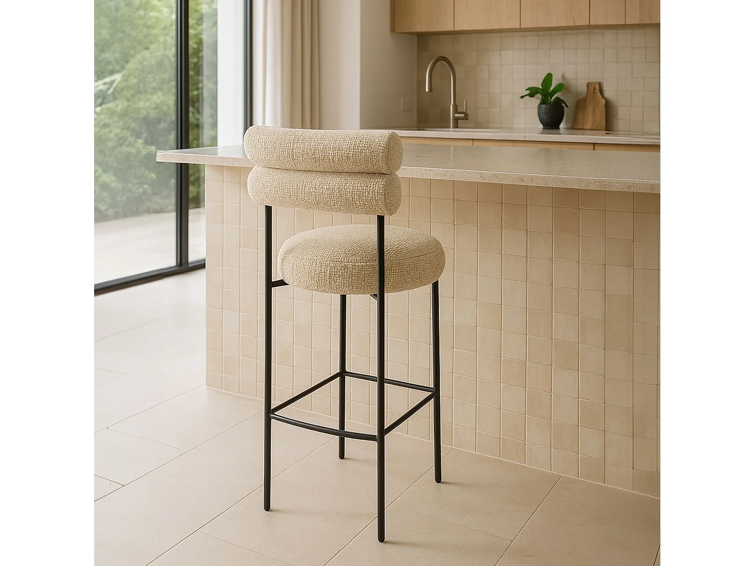 Now's Home - Lot 2 Chaises De Bar En Tweed Beige Et Métal Noir