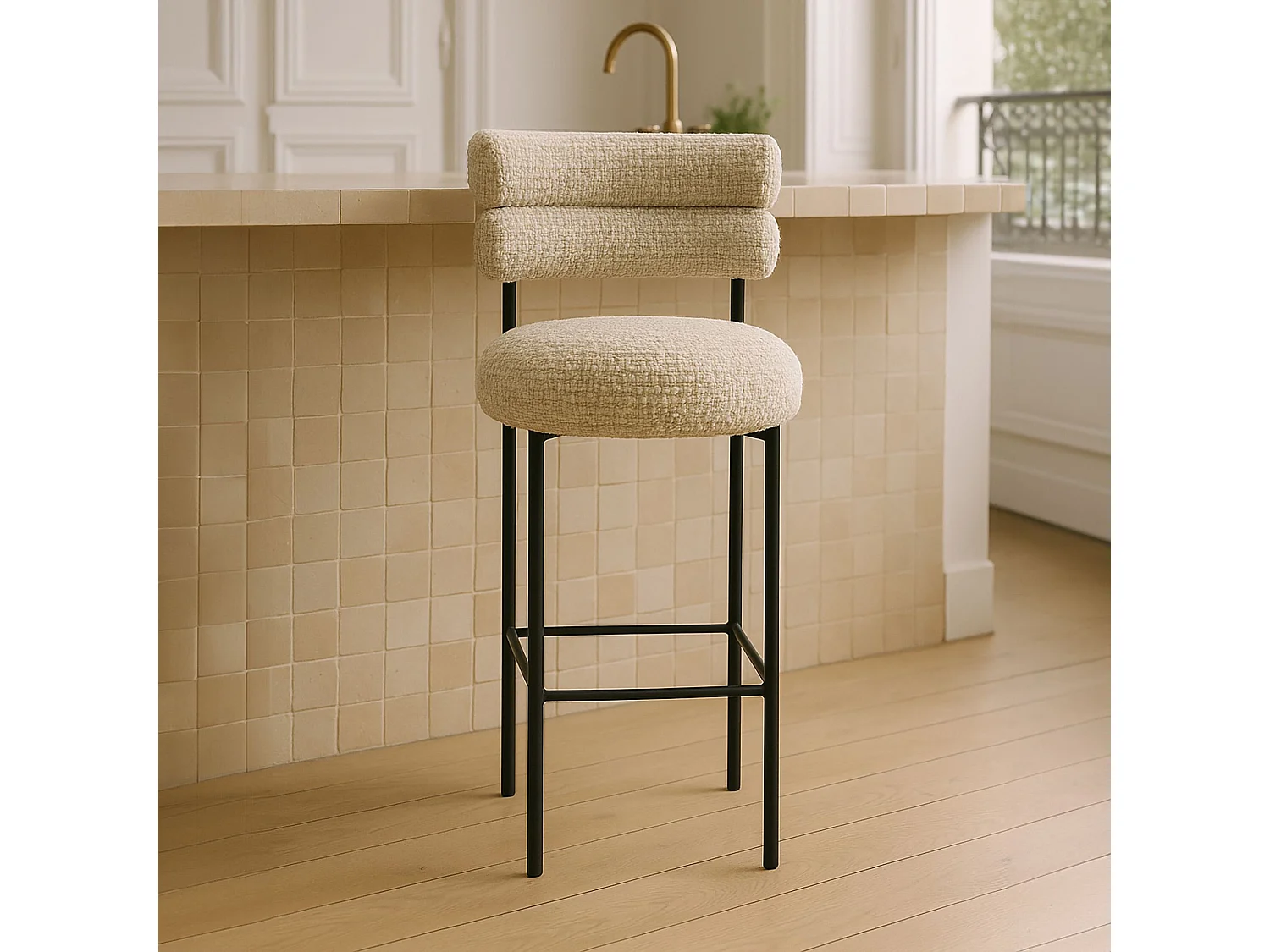 Now's Home - Lot 2 Chaises De Bar En Tweed Beige Et Métal Noir