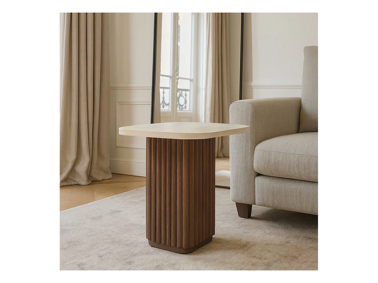 Now's Home - Table D'appoint Carre Effet Travertin Naturel/ Noyer 40x40x40cm Esther