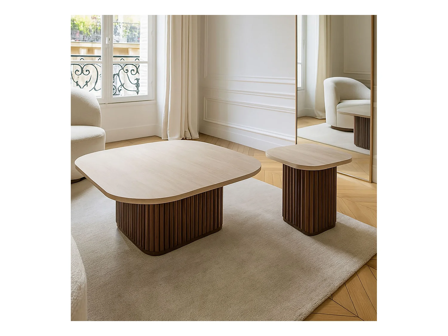 Now's Home - Table D'appoint Carre Effet Travertin Naturel/ Noyer 40x40x40cm Esther
