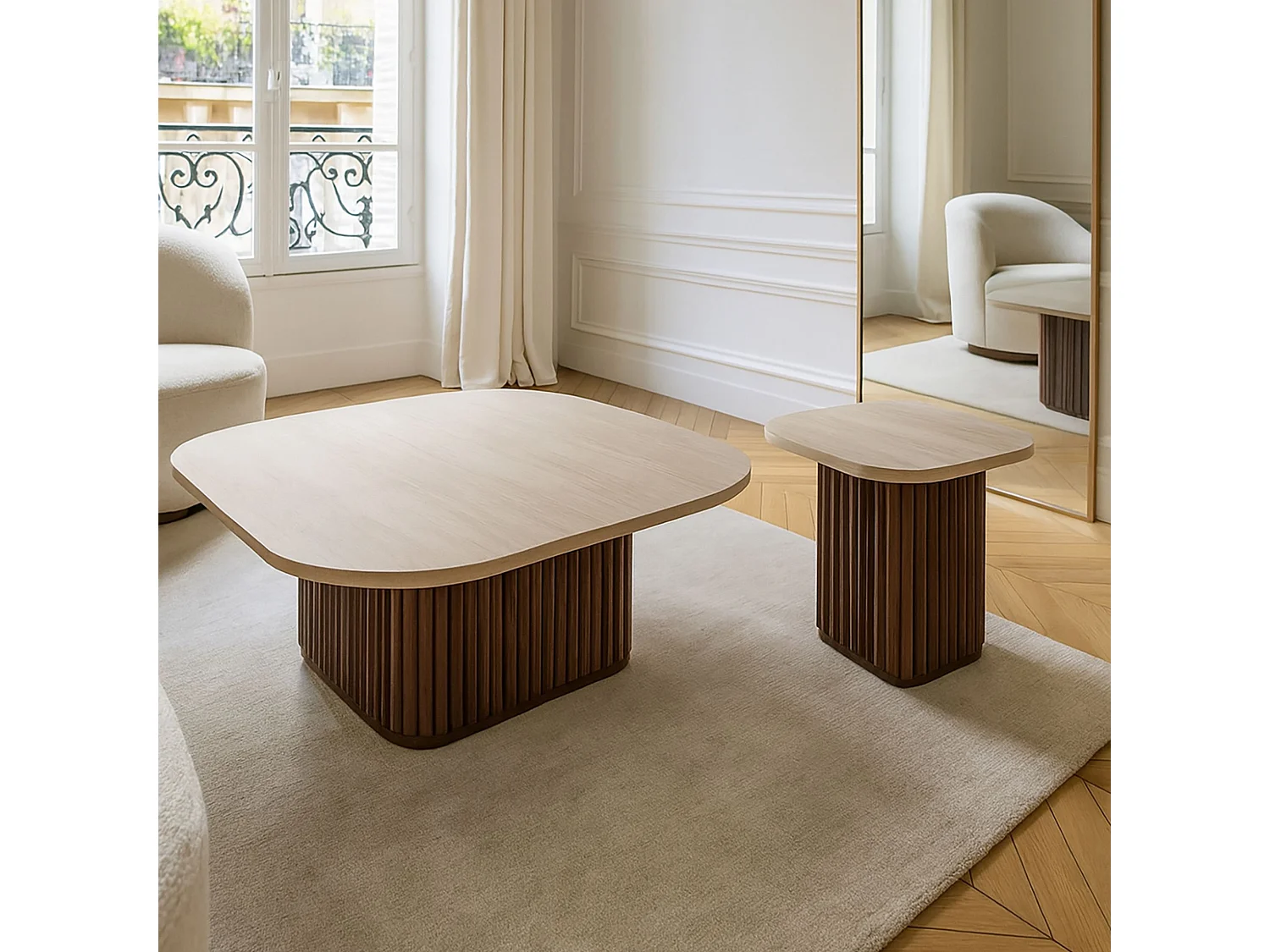 Now's Home - Table D'appoint Carre Effet Travertin Naturel/ Noyer 40x40x40cm Esther