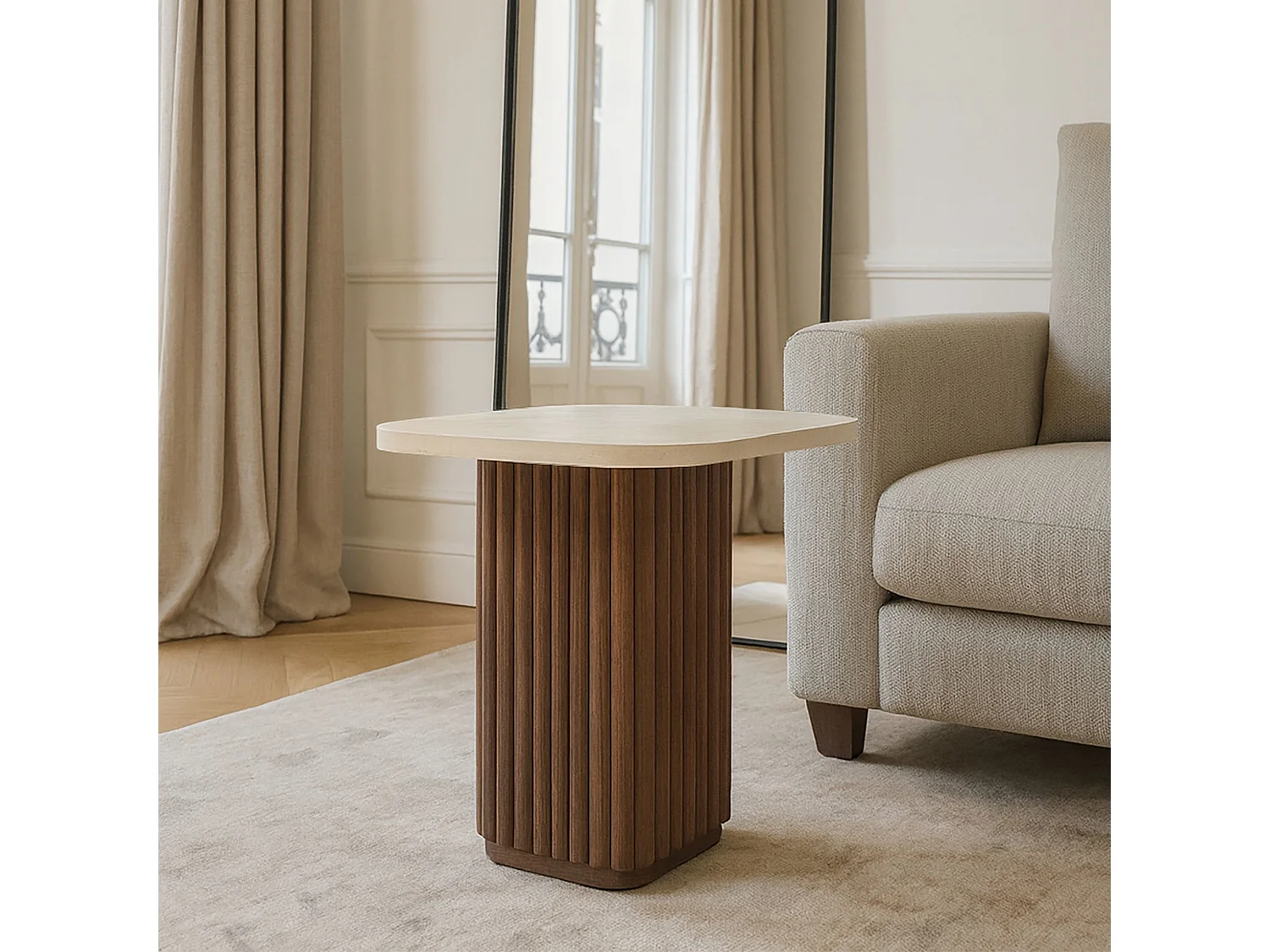 Now's Home - Table D'appoint Carré Effet Travertin Naturel/ Noyer 40x40x40cm Esther