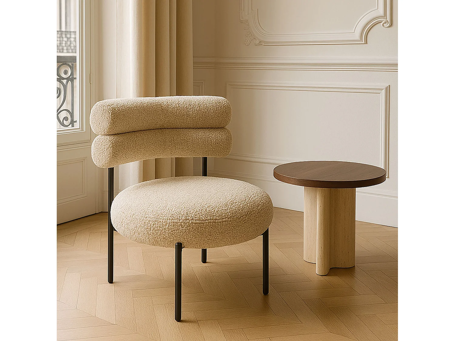 Now's Home - Fauteuil Lounge En Tissu Tweed Beige Et Metal Noir 62x75.5x68cm Gina