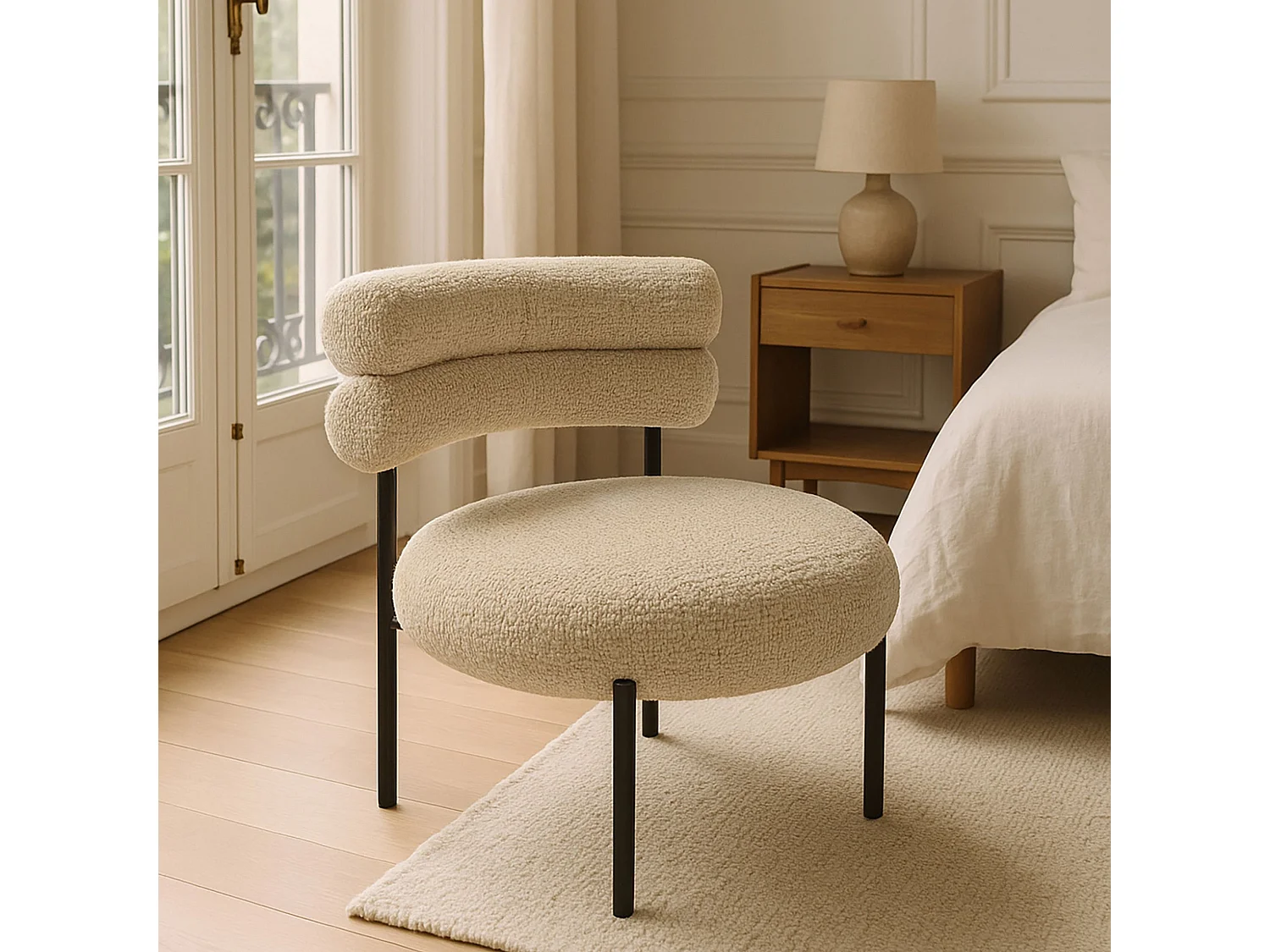 Now's Home - Fauteuil Lounge En Tissu Tweed Beige Et Metal Noir 62x75.5x68cm Gina