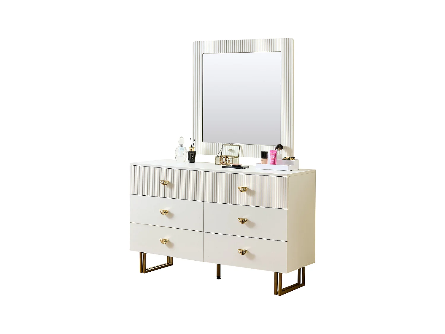Buffet et miroir modernes - 120 x 40 x 75 cm - commode à 6 tiroirs avec un miroir mura 80 x 80 cm - MDF - blanc