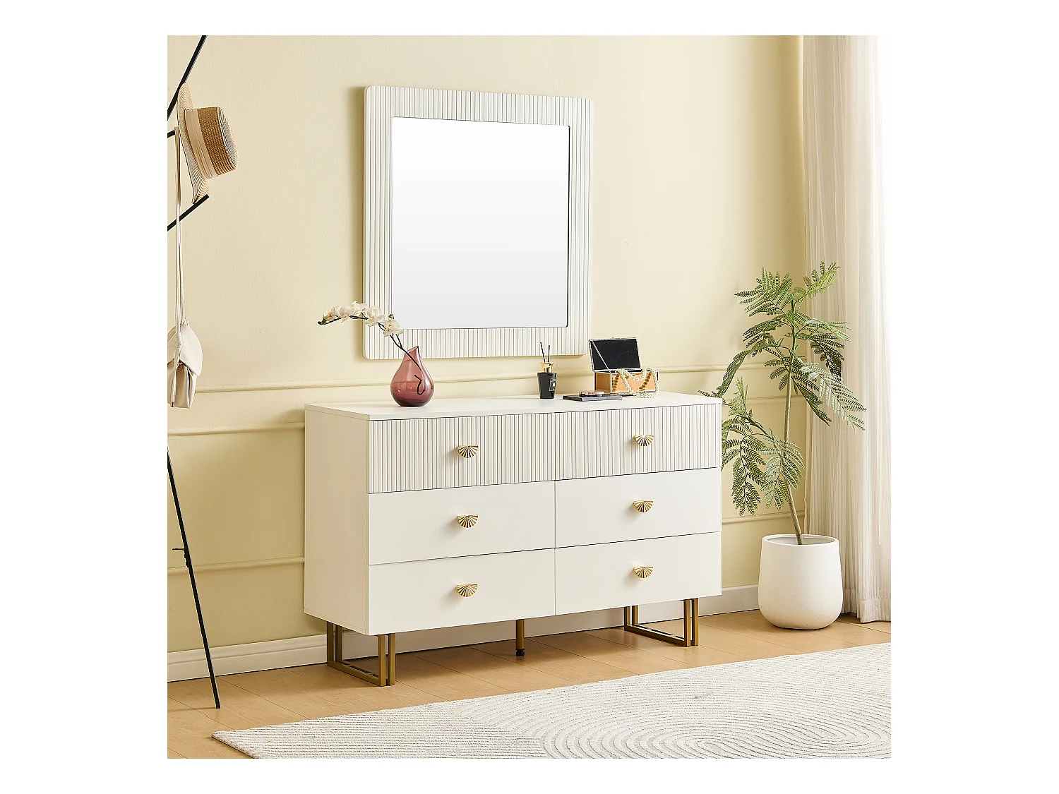 Buffet et miroir modernes - 120 x 40 x 75 cm - commode à 6 tiroirs avec un miroir mura 80 x 80 cm - MDF - blanc