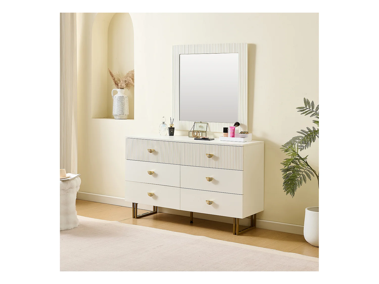 Buffet et miroir modernes - 120 x 40 x 75 cm - commode à 6 tiroirs avec un miroir mura 80 x 80 cm - MDF - blanc