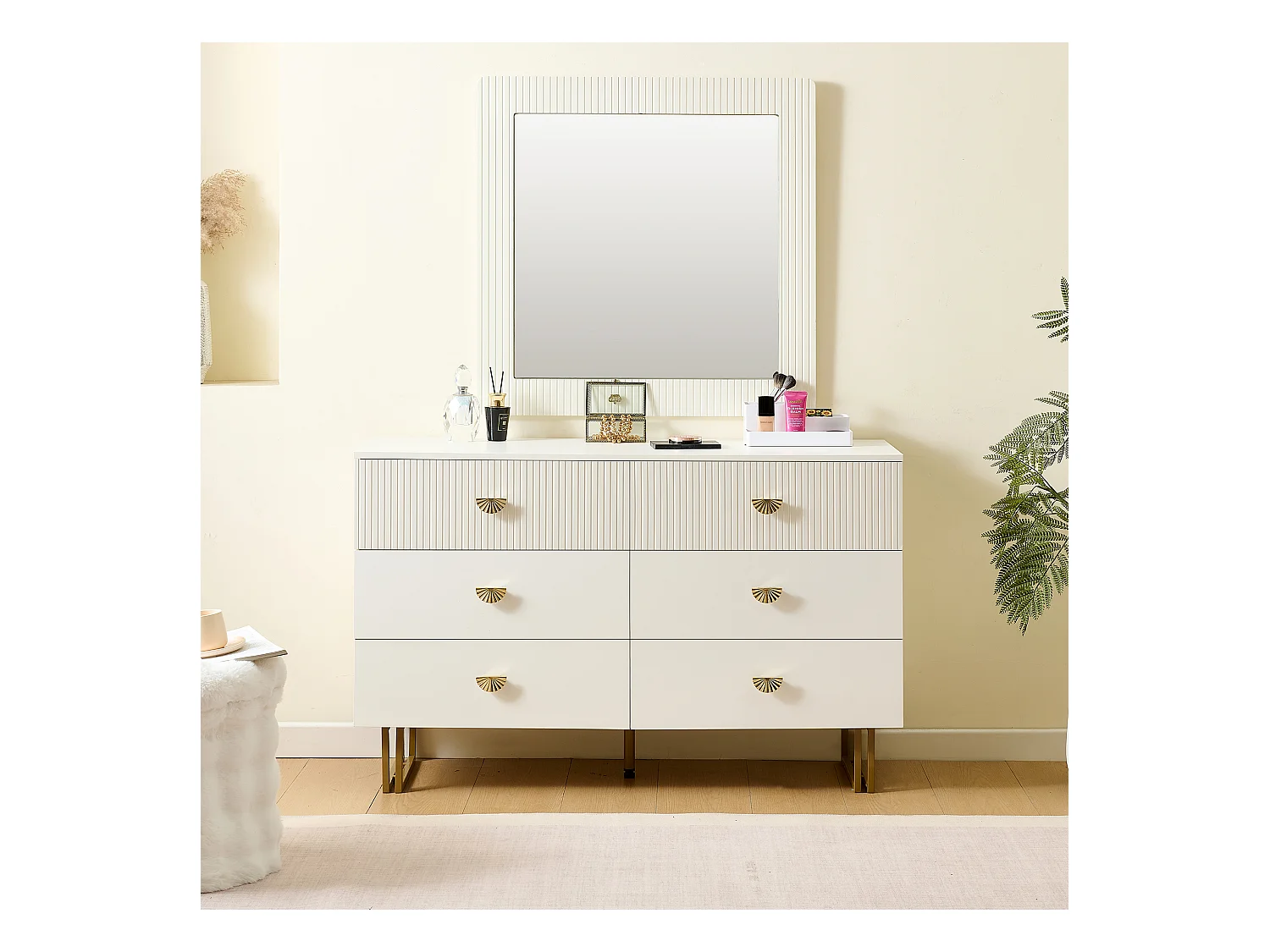 Buffet et miroir modernes - 120 x 40 x 75 cm - commode à 6 tiroirs avec un miroir mura 80 x 80 cm - MDF - blanc