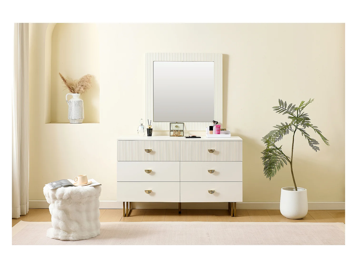 Buffet et miroir modernes - 120 x 40 x 75 cm - commode à 6 tiroirs avec un miroir mura 80 x 80 cm - MDF - blanc