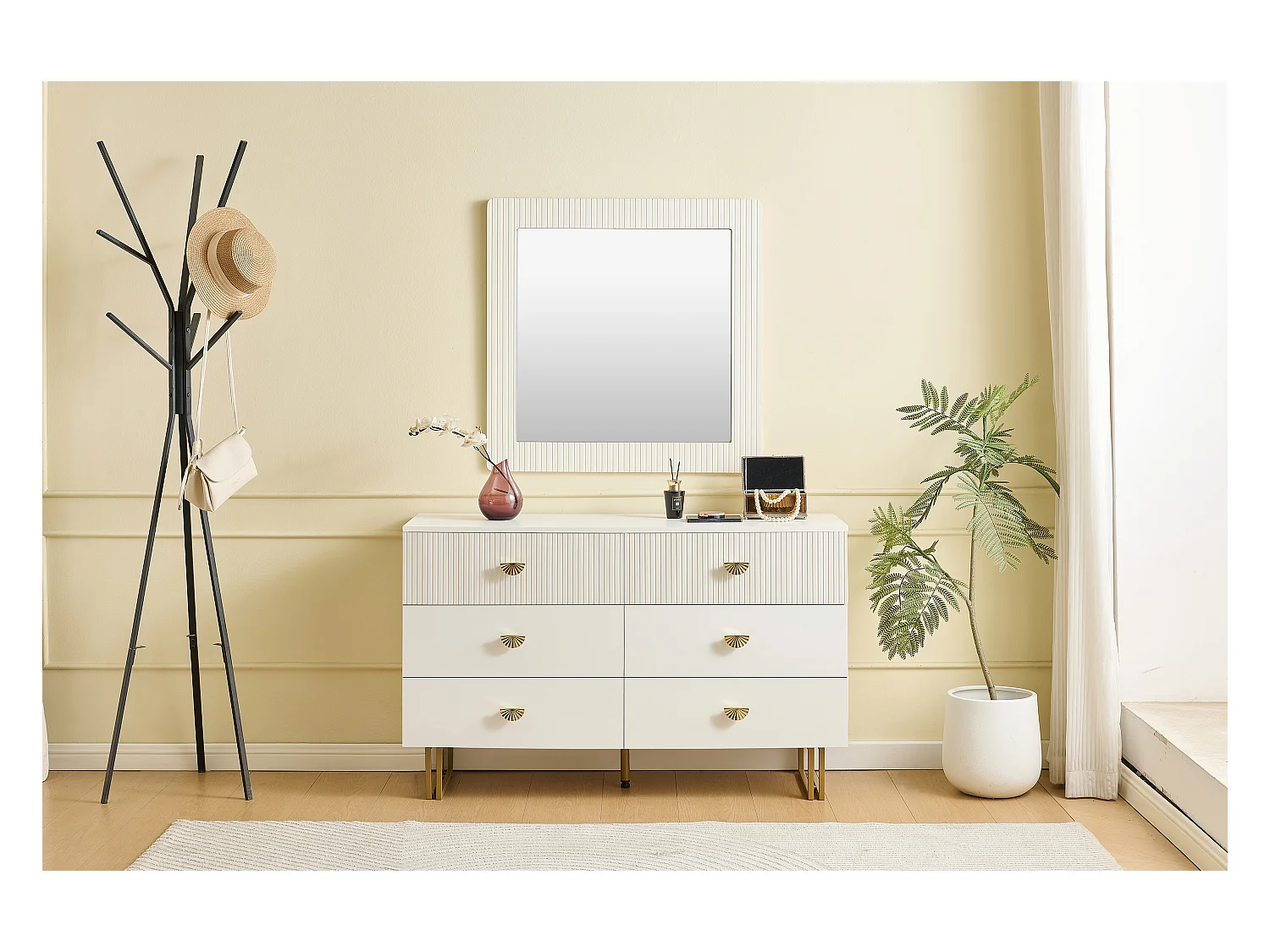 Buffet et miroir modernes - 120 x 40 x 75 cm - commode à 6 tiroirs avec un miroir mura 80 x 80 cm - MDF - blanc