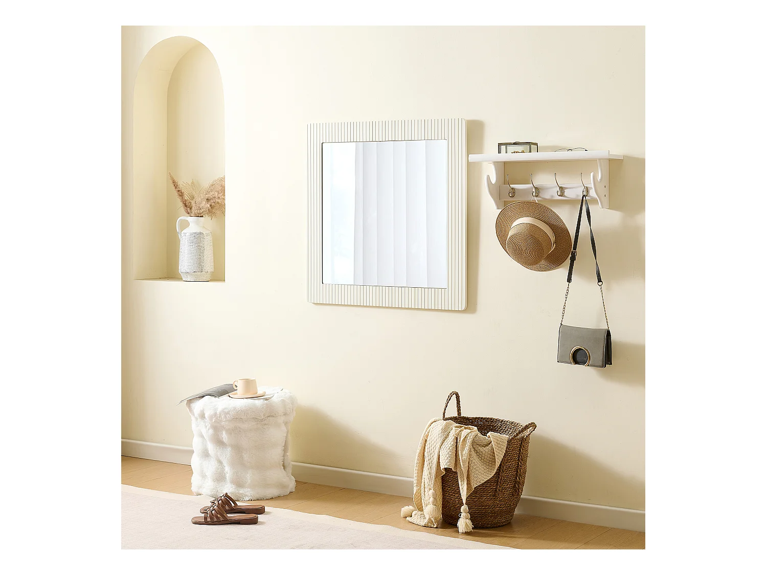 Buffet et miroir modernes - 120 x 40 x 75 cm - commode à 6 tiroirs avec un miroir mura 80 x 80 cm - MDF - blanc