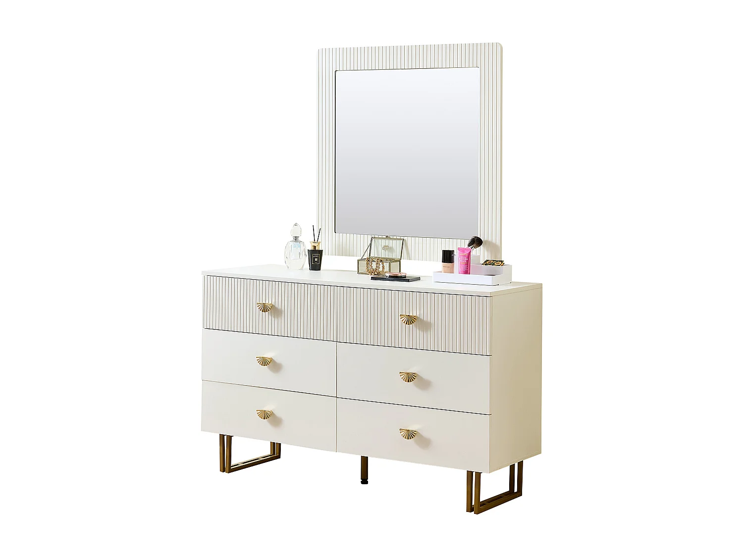 Buffet et miroir modernes - 120 x 40 x 75 cm - commode à 6 tiroirs avec un miroir mura 80 x 80 cm - MDF - blanc
