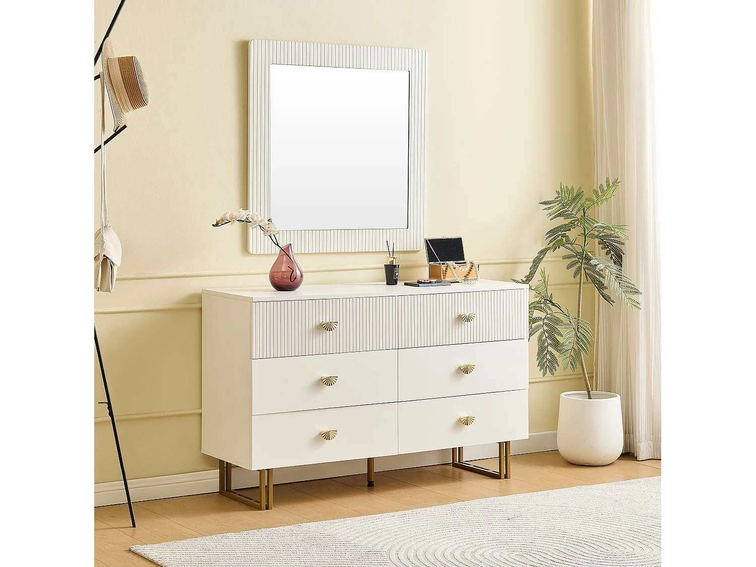 Buffet et miroir modernes - 120 x 40 x 75 cm - commode à 6 tiroirs avec un miroir mura 80 x 80 cm - MDF - blanc