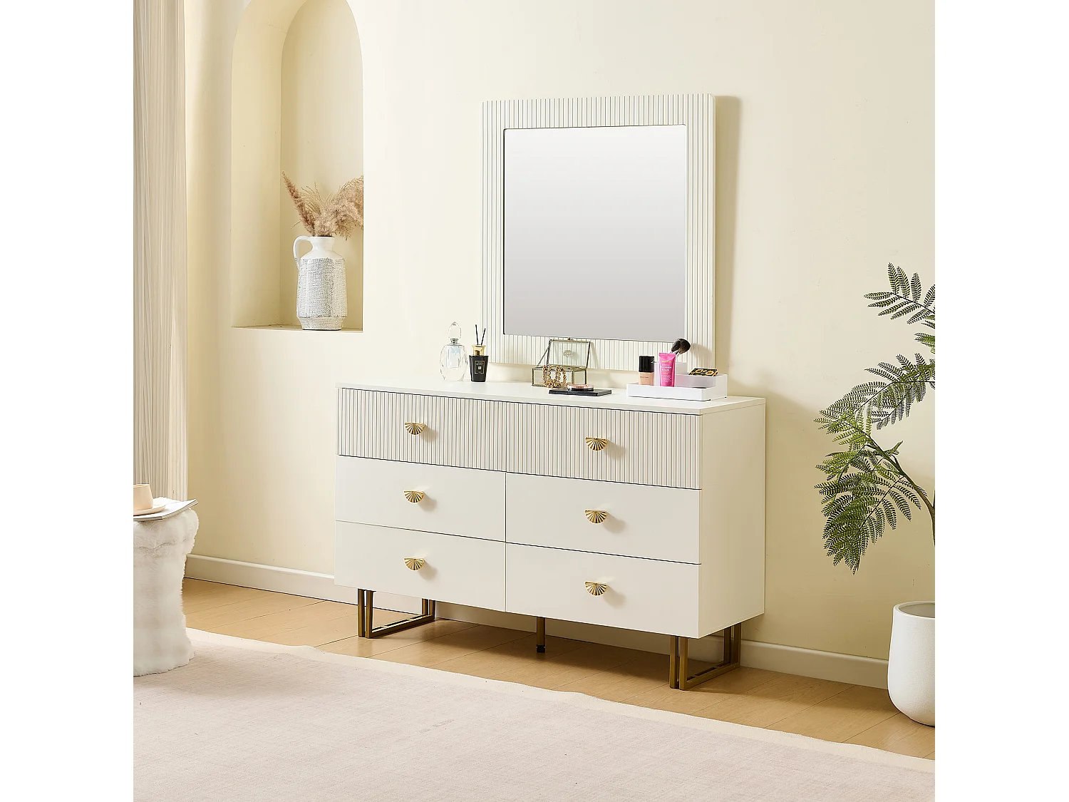Buffet et miroir modernes - 120 x 40 x 75 cm - commode à 6 tiroirs avec un miroir mura 80 x 80 cm - MDF - blanc