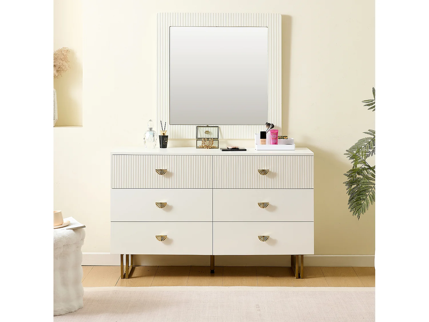 Buffet et miroir modernes - 120 x 40 x 75 cm - commode à 6 tiroirs avec un miroir mura 80 x 80 cm - MDF - blanc