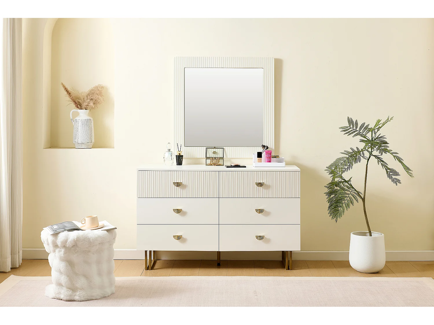 Buffet et miroir modernes - 120 x 40 x 75 cm - commode à 6 tiroirs avec un miroir mura 80 x 80 cm - MDF - blanc