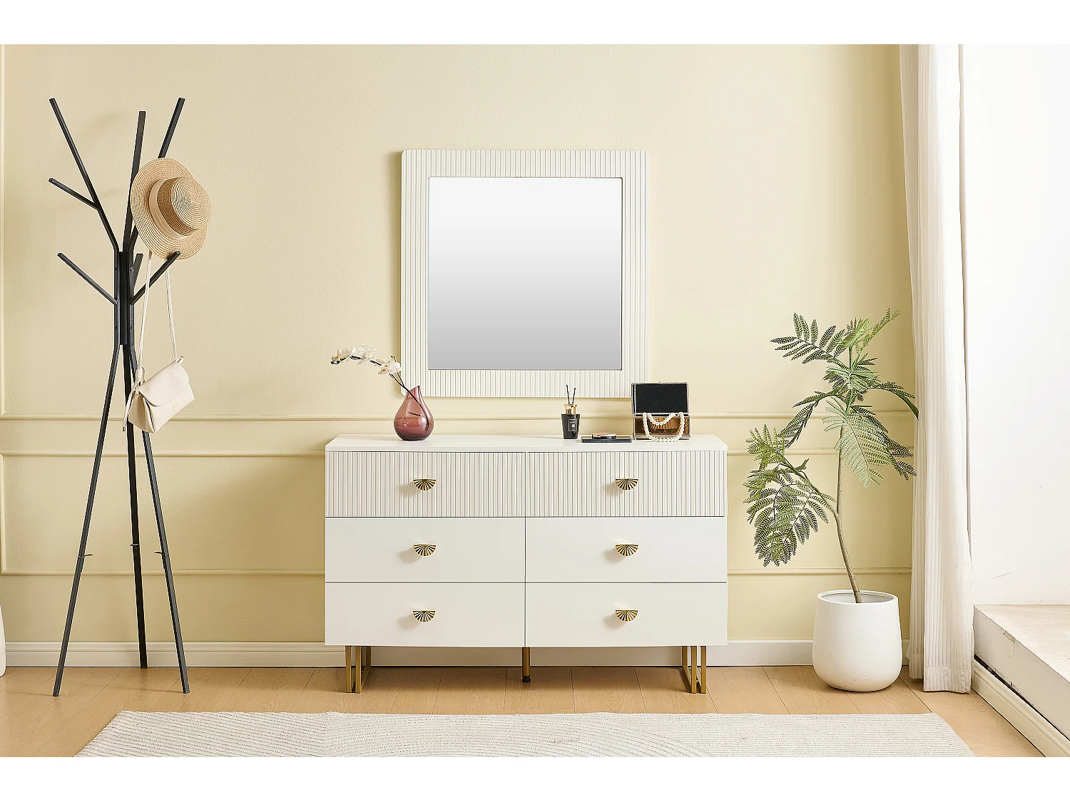 Buffet et miroir modernes - 120 x 40 x 75 cm - commode à 6 tiroirs avec un miroir mura 80 x 80 cm - MDF - blanc