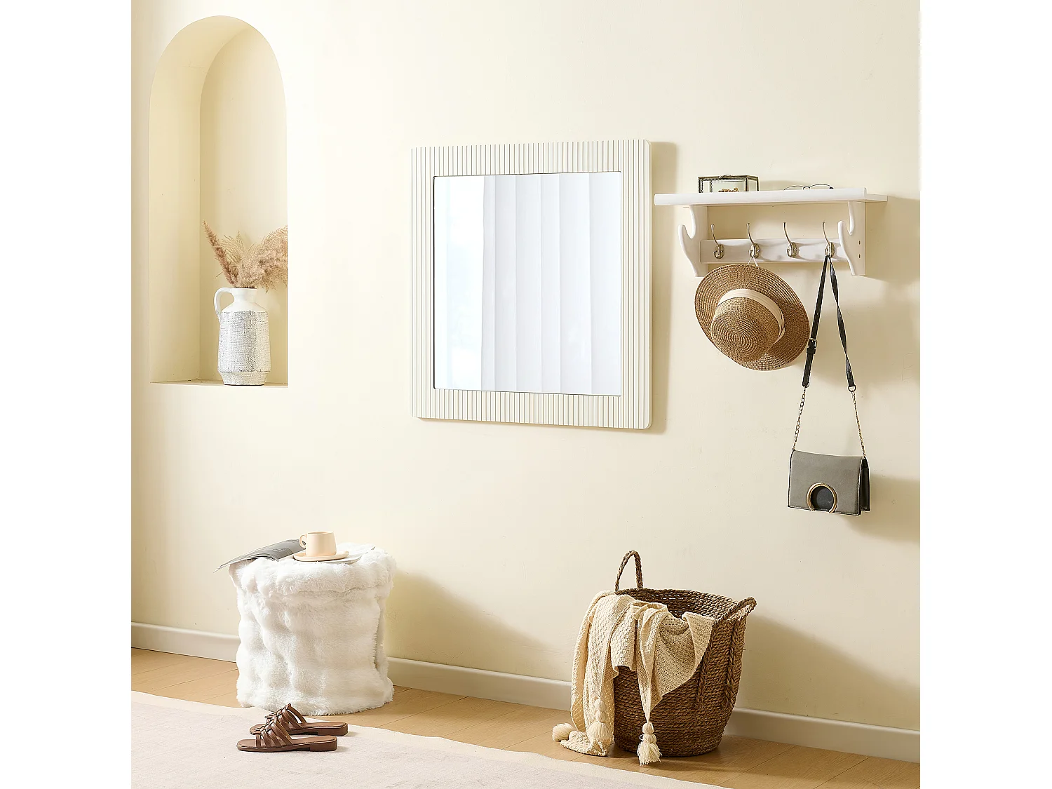 Buffet et miroir modernes - 120 x 40 x 75 cm - commode à 6 tiroirs avec un miroir mura 80 x 80 cm - MDF - blanc