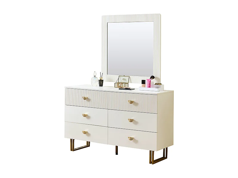 Buffet et miroir modernes - 120 x 40 x 75 cm - commode à 6 tiroirs avec un miroir mura 80 x 80 cm - MDF - blanc