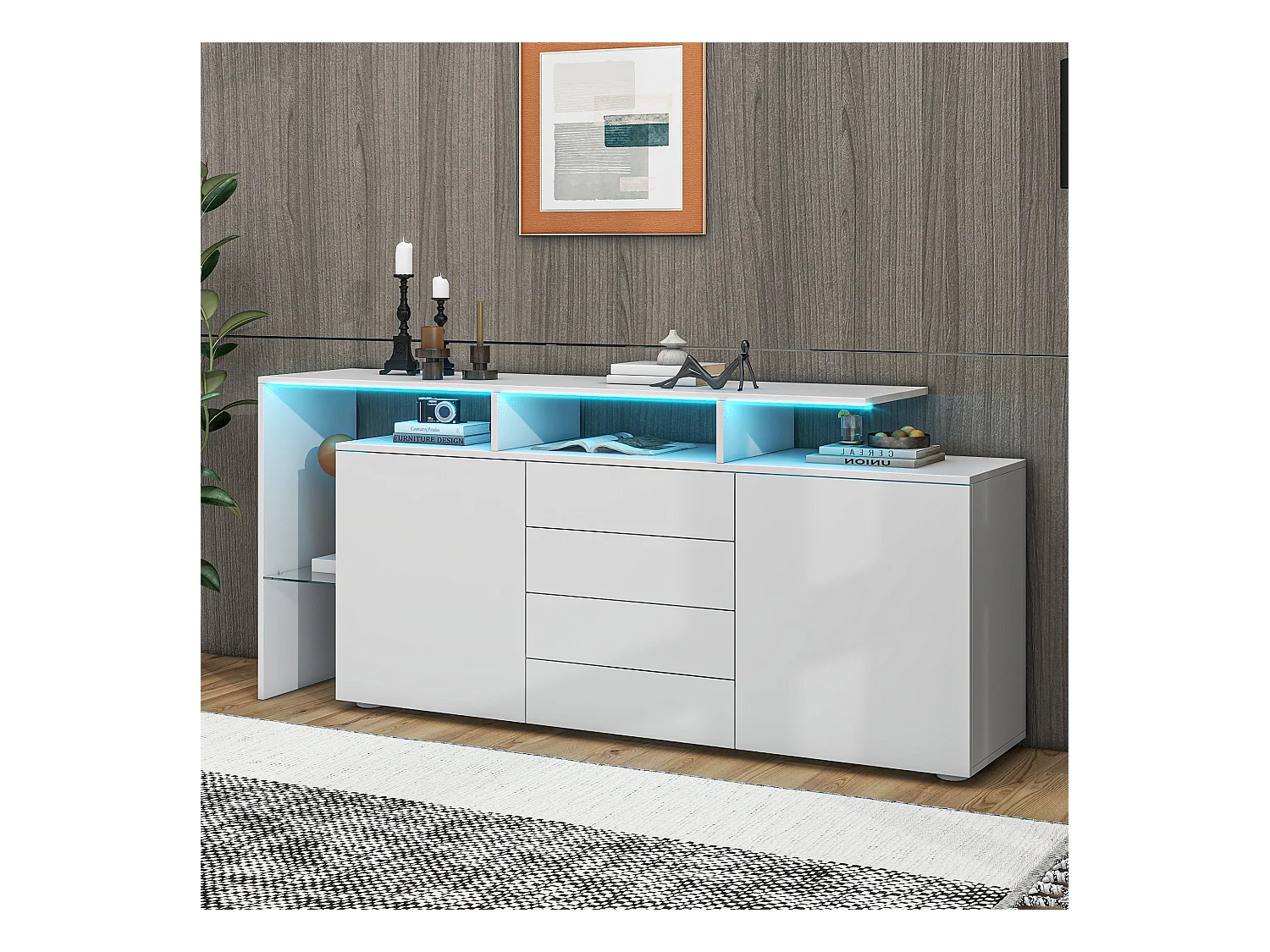 Buffet avec 2 portes, 4 tiroirs et étagères - 160 x 35 x 70 cm - LEDs - Panneaux de particules - Blanc